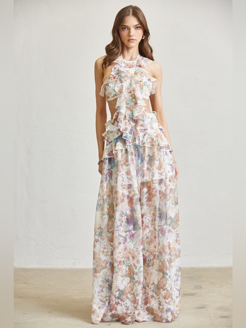 Watercolor Floral Ruffle Maxi Dress with Cutouts & High Neck - Blithe